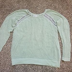 Mint crocheted sweater with sexy shoulder detail